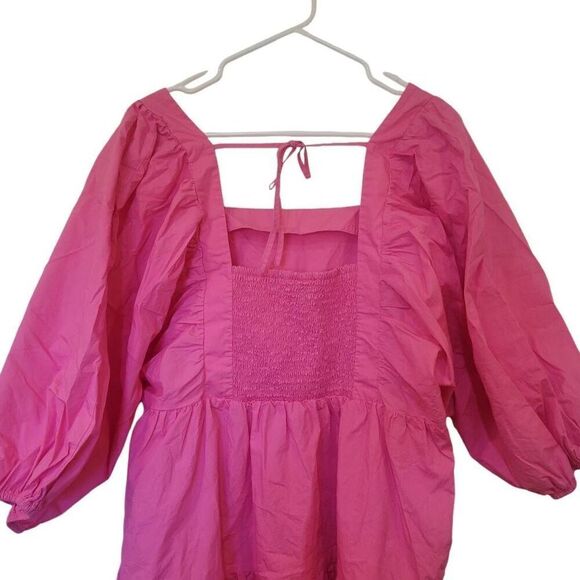 A New Day Women's Hot Pink Cotton Puff Sleeves Baby Doll Tiered Dress w Pockets - Picture 9 of 16